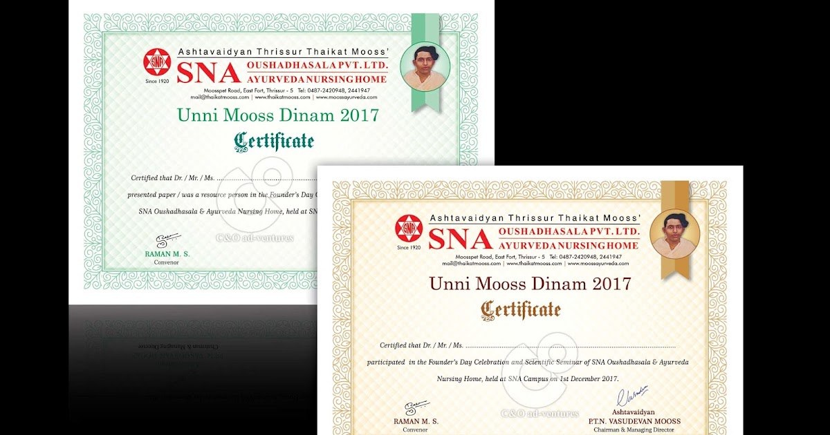 C & O adventures Ayurveda Certificate Design