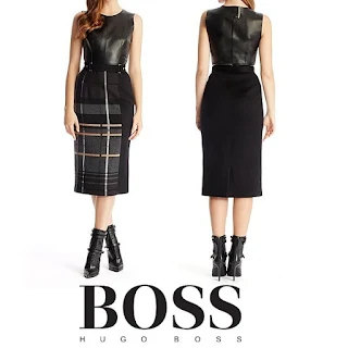 HUGO BOSS Leather and Virgin Wool Blend Textured Plaid Dress