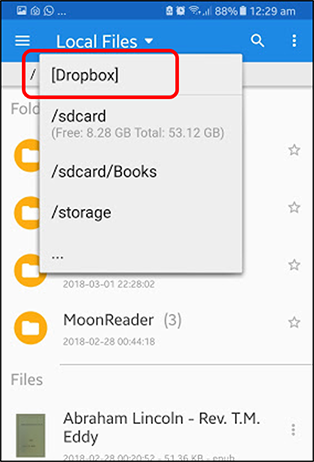 Mobile screenshot: Moon+ Reader. How to find my books in Dropbox, or Google Drive.