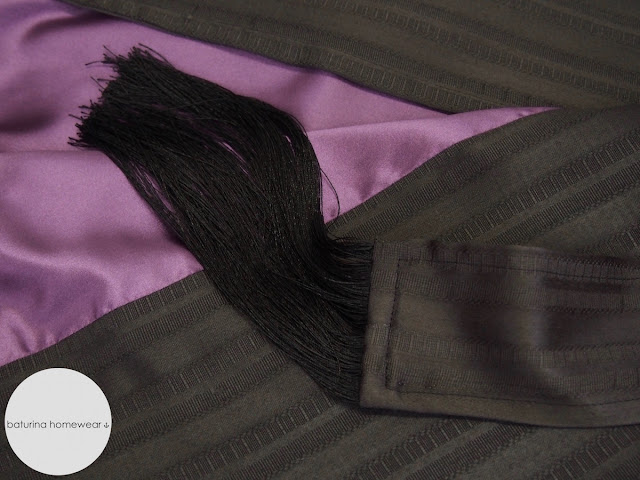 Mens black purple dressing gown cotton silk tassels tasseled belt robe.