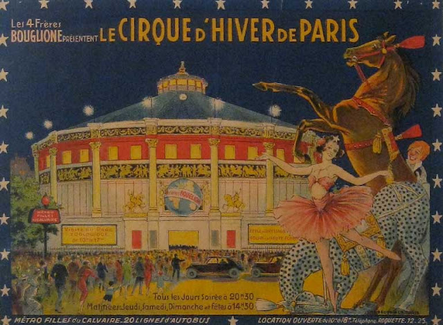 Affiche richement illustrée de la façade du cirque d'hiver d'un cheval cambré, d'un clown et d'une ballerine