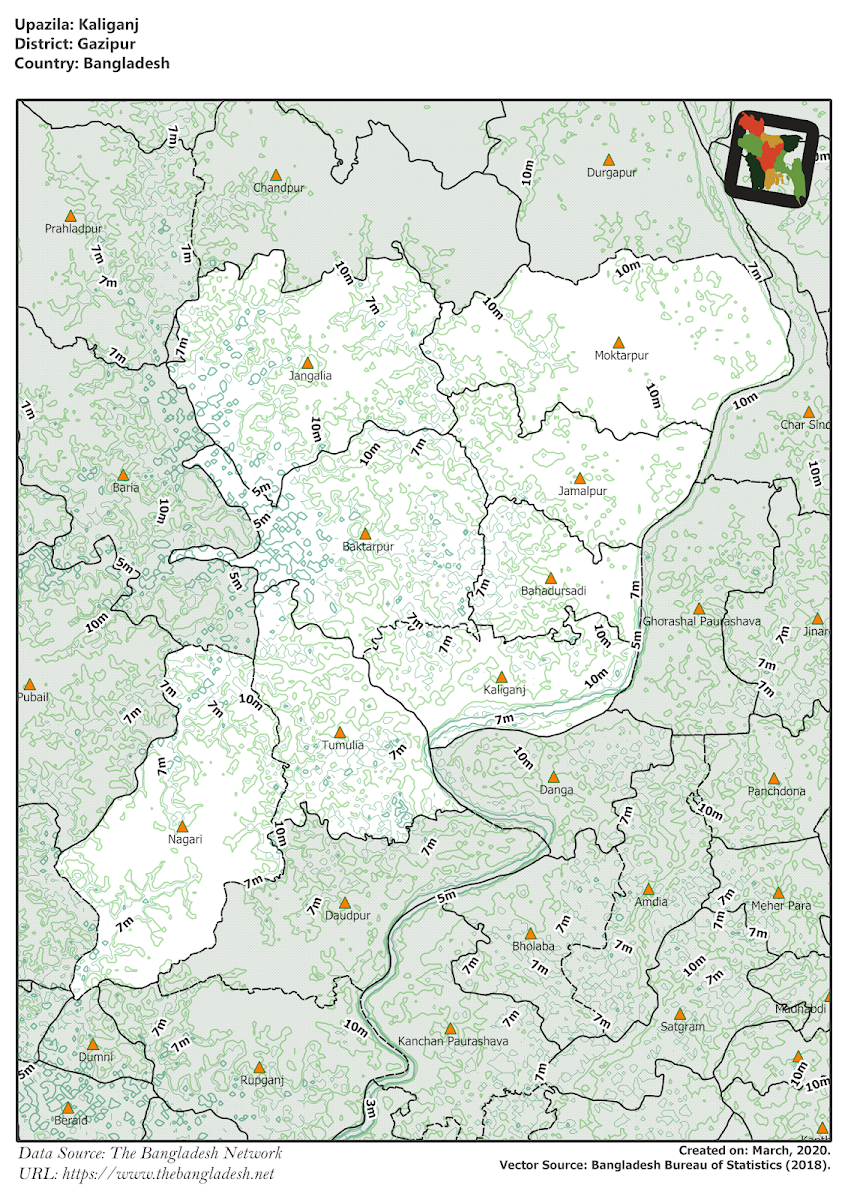 Kaliganj Upazila Elevation Map Gazipur District Bangladesh