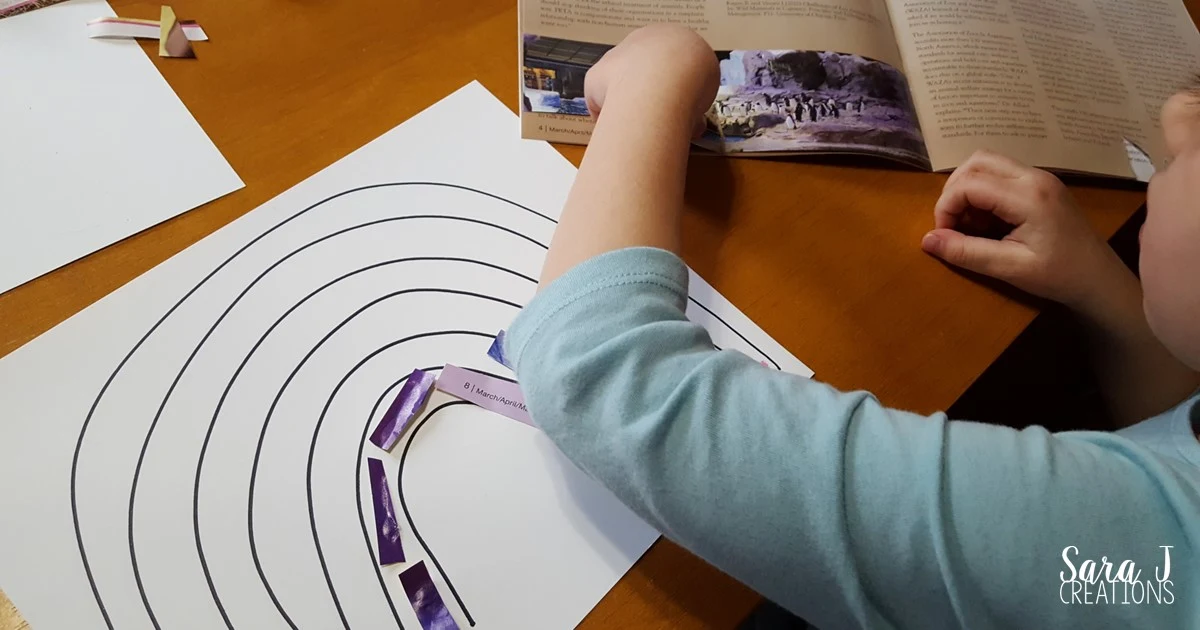 Rainbow cutting craft that is perfect for working on fine motor skills and color identification.  Cute for St. Patrick's day but can really be used any time of the year.  