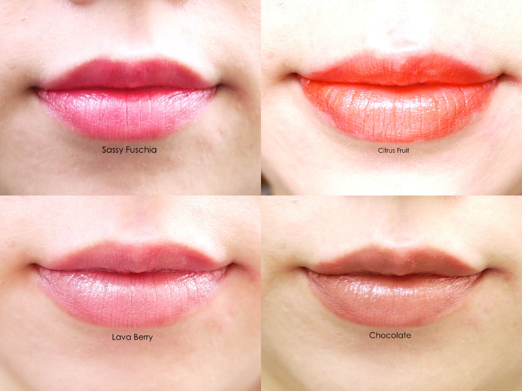 Mary Kay True Dimensions Lipstick  citrus fruit sassy fuschio lava berry chocolate lip swatch review