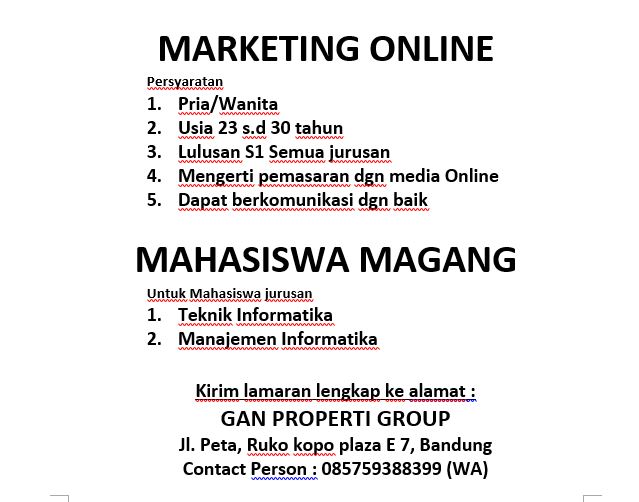 Lowongan Kerja Magang Marketing Online Di Bandung Lowongan Kerja