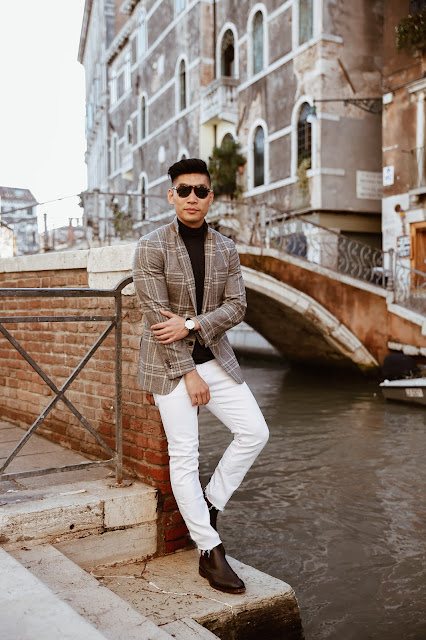 Leo Chan wearing Blazer with Jeans in Venice Italy