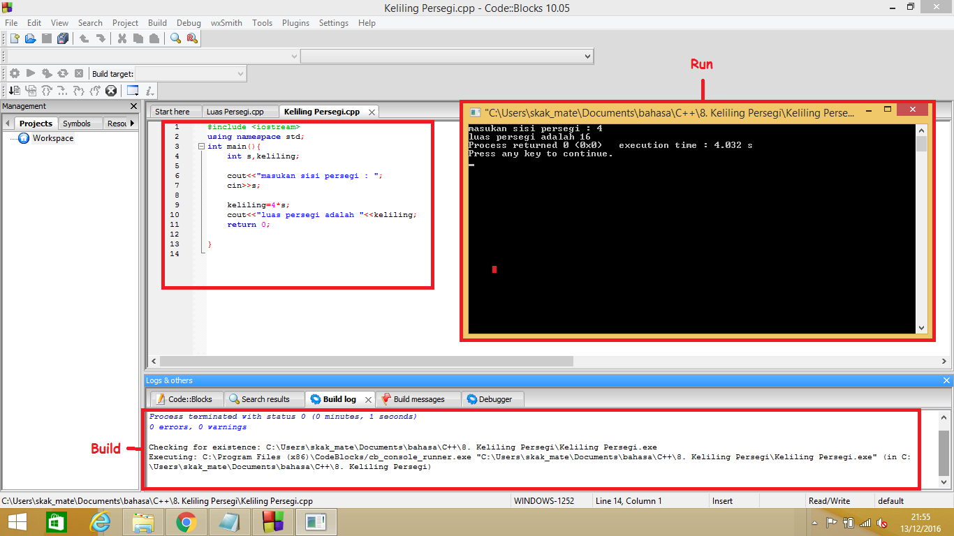 Contoh Program Bahasa C++ Menghitung Luas dan Keliling Persegi ~ KUAS