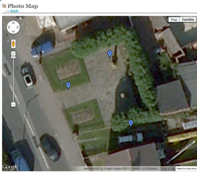 A Google Map snip of Cross Street, Monk Bretton, Barnsley showing three blue Google tabs in the memorial garden.