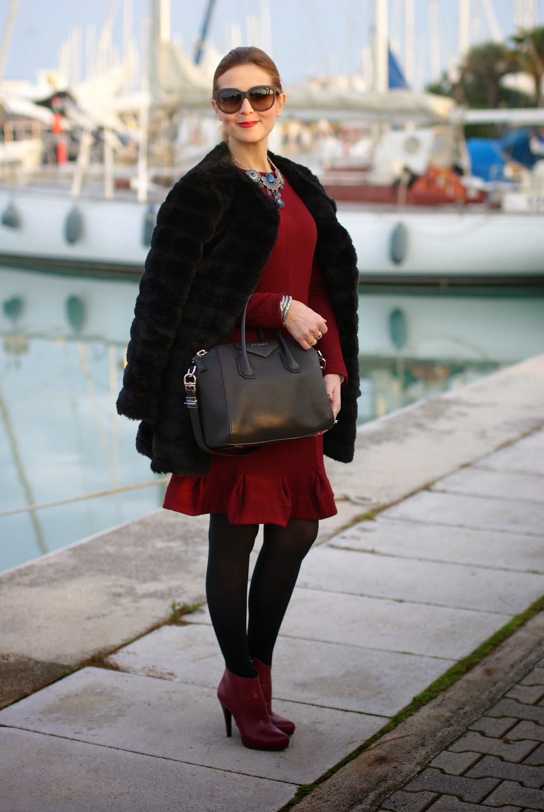 Black faux fur, Carven burgundy dress | Fashion and Cookies - fashion ...