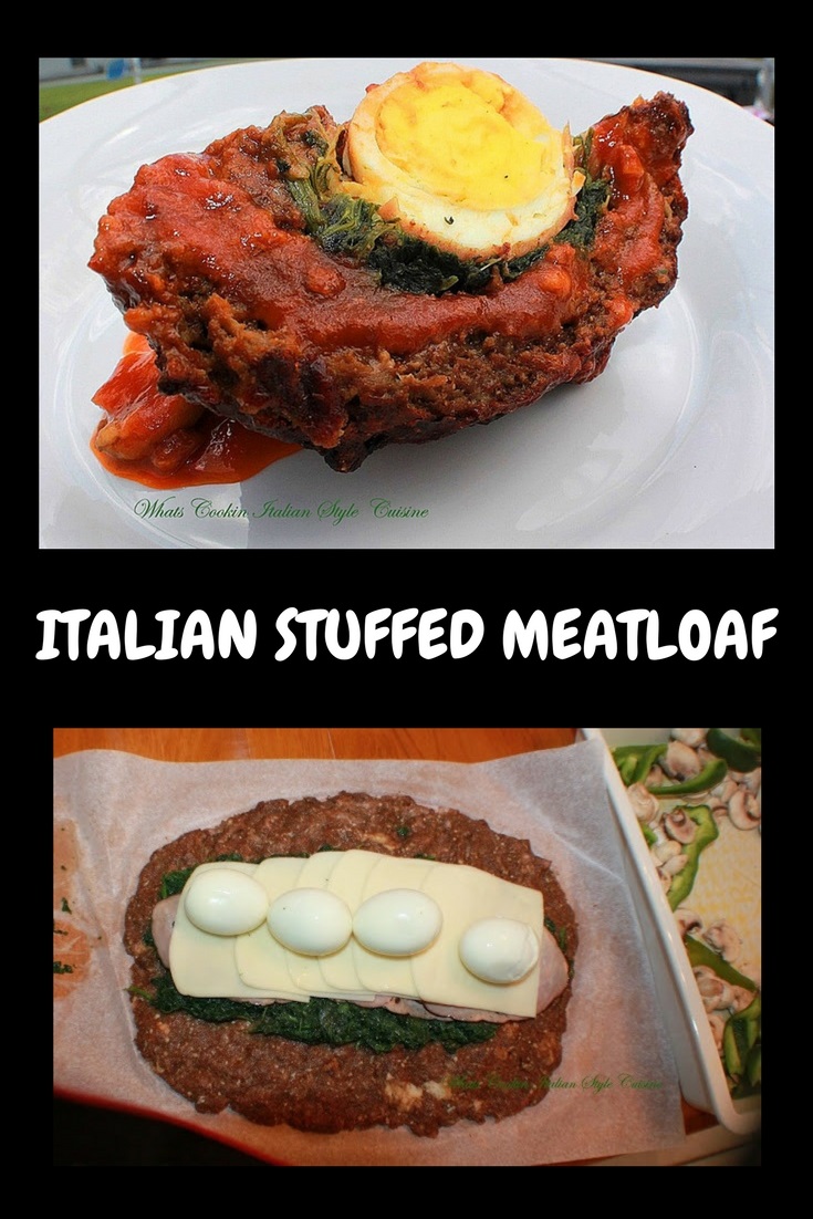 This is Italian flavored meatloaf stuffed with spinach, boiled eggs with tomato sauce rolled up and baked in the oven. This is a gourmet meatloaf that is worth the time and effort and delicious
