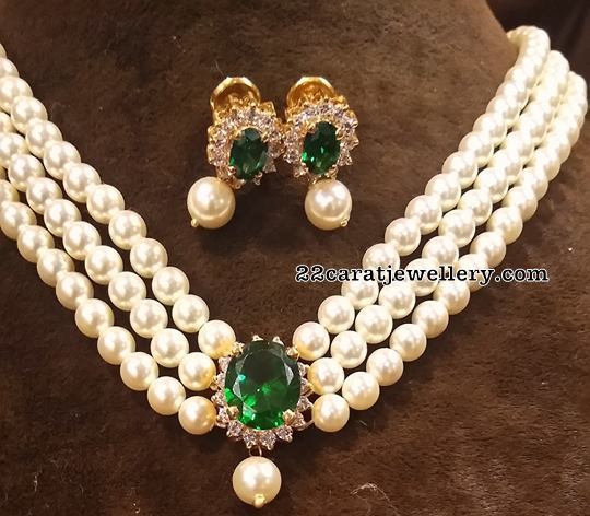 Three Layer Pearls Set Emerald Drops Studs