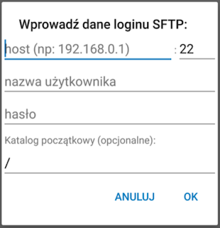 Formatka do nawiązywania połączenia SFTP