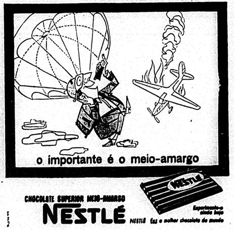 Propaganda dos chocolates Nestlé que mostra a despreocupação do passageiro com um acidente aéreo.