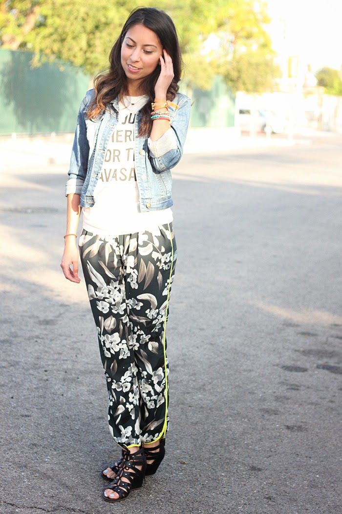 style printed pants with a graphic tee
