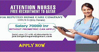 URGENT REQUIREMENT NURSES TO QATAR.  Attention Nurses Free recruitment to qatar   For a reputed home care company   Qualification: Gnm/B.sc (only female ) 