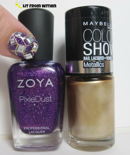 Bottle shot:  Zoya PixieDust in Carter, and my go-to gold stamping polish, Maybelline Bold Gold