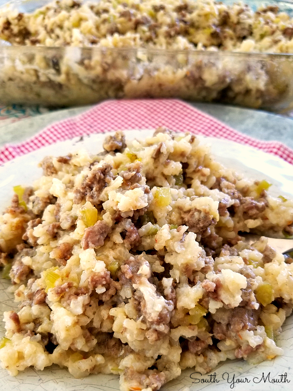 Jailhouse Rice! An easy comfort food casserole recipe made with rice, ground beef and sausage.
