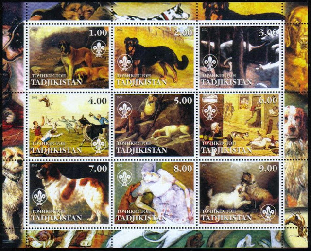 2002年タジキスタン共和国　セント・バーナードなど絵画の中の犬の切手シート
