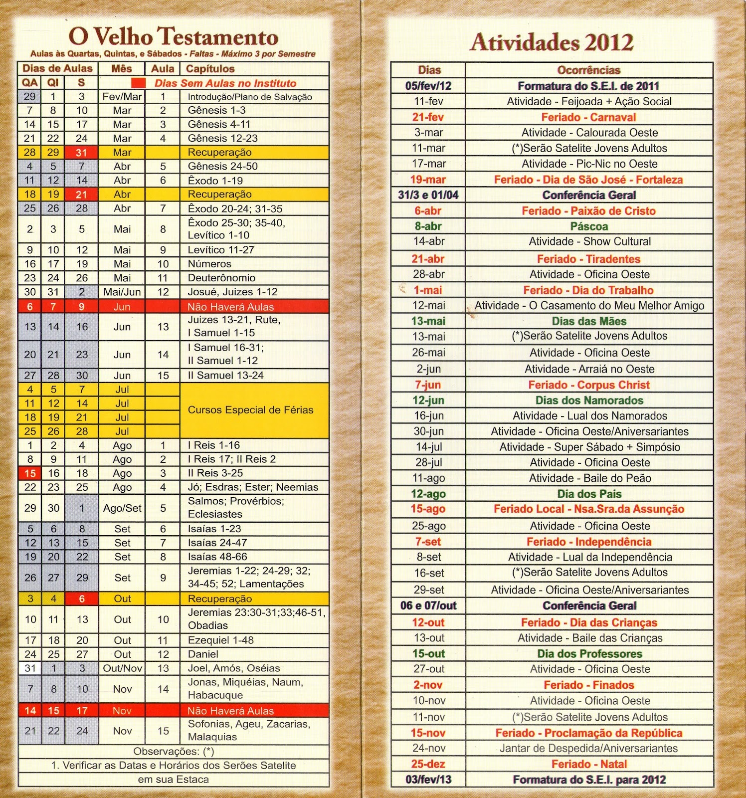 Elétricos SUD Calendário Aulas Instituto e Seminário