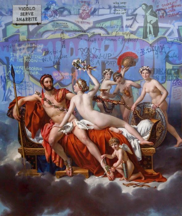 Marco Battaglini pinturas clássicas com elementos contemporâneos pichações nsfw seios nus