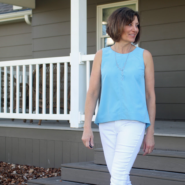 Grainline Studio's Hadley Tank made with Style Maker Fabric's Modal Shirting