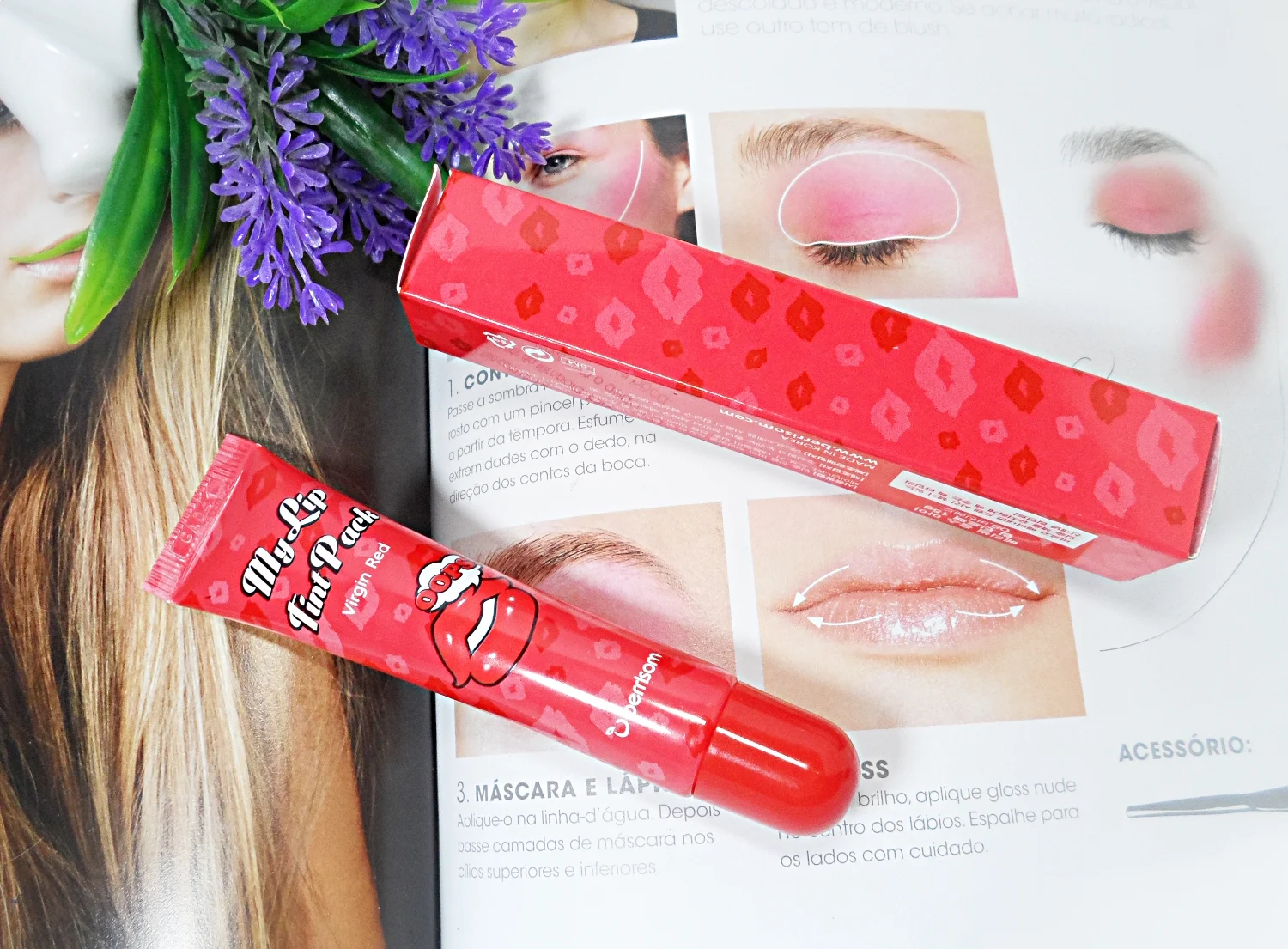close-up of Korean lip tint by brand Berrisom is laying opened on top of magazine