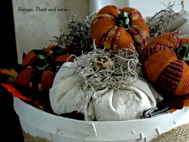 Vintage, Paint and more... pumpkins made from drop cloth fabric, wooden basket and burlap ribbon