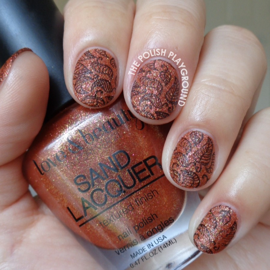 Burnt Gold Texture with Black Leaves Stampng Nail Art