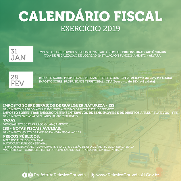 Prefeitura de Delmiro Gouveia divulga Calendário Fiscal 2019 com descontos e parcelamentos