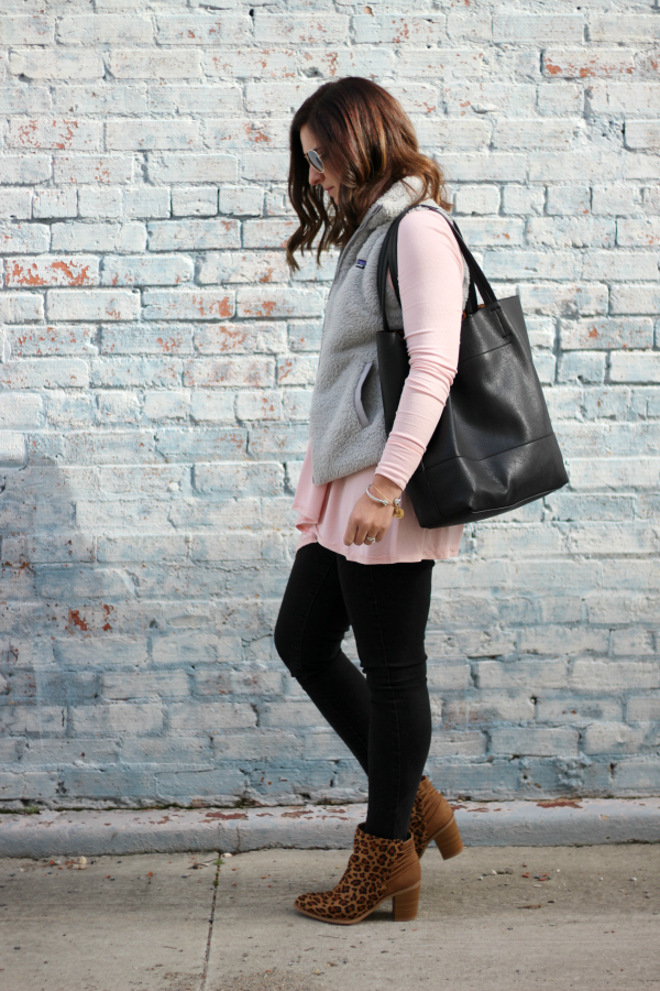 style on a budget, leopard ankle boots, casual mom style, north carolina blogger, patagonia vest