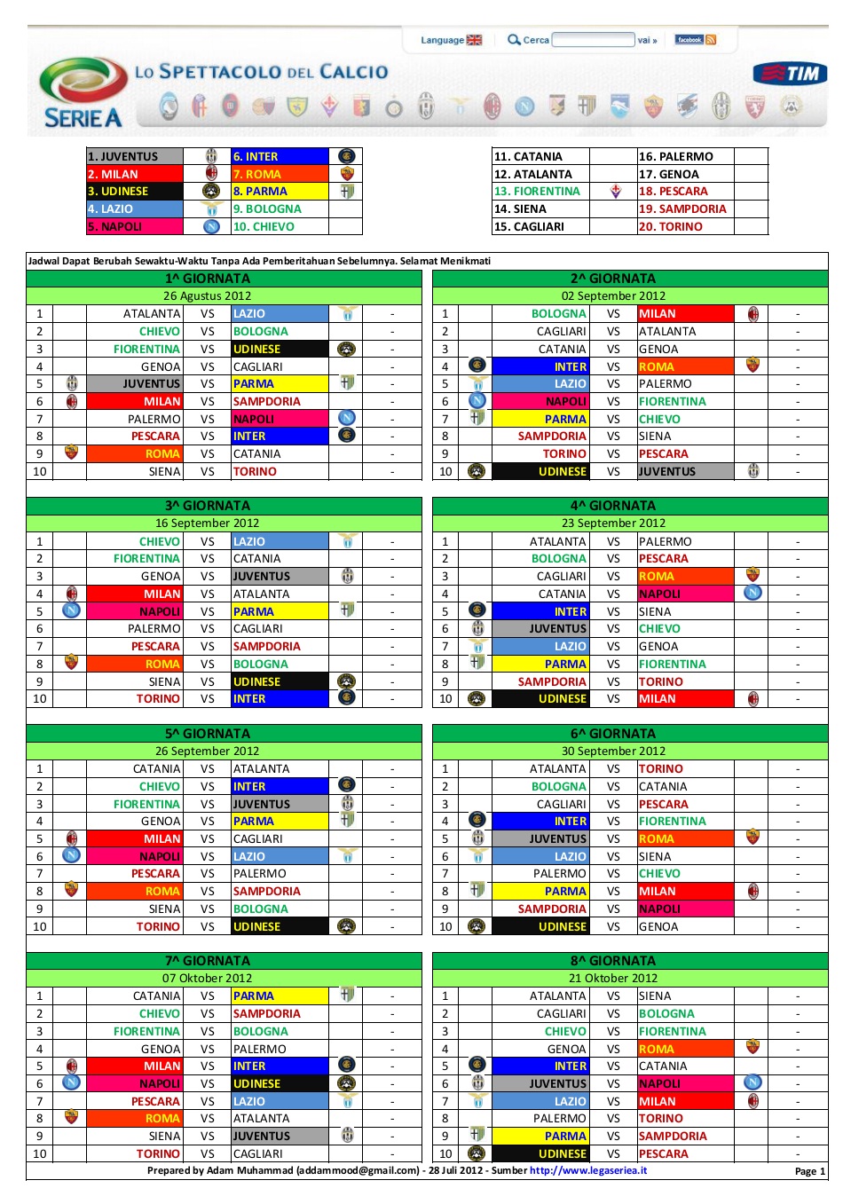 Jadwal Lengkap Liga Serie-A Italia Musim 2012-2013 ...