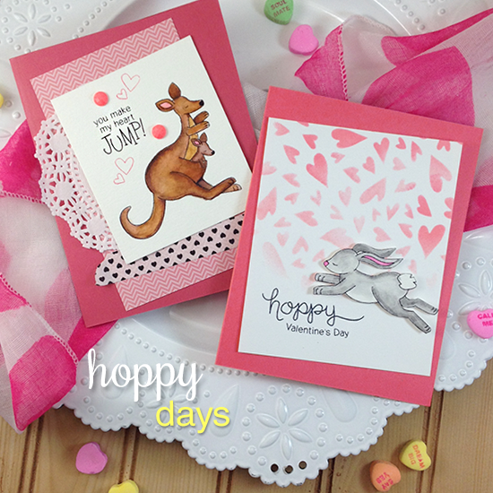 Kangaroo and Bunny Valentine Cards by Jennifer Jackson | Hoppy Days Valentine Stamp Set by Newton's Nook Designs #newtonsnook