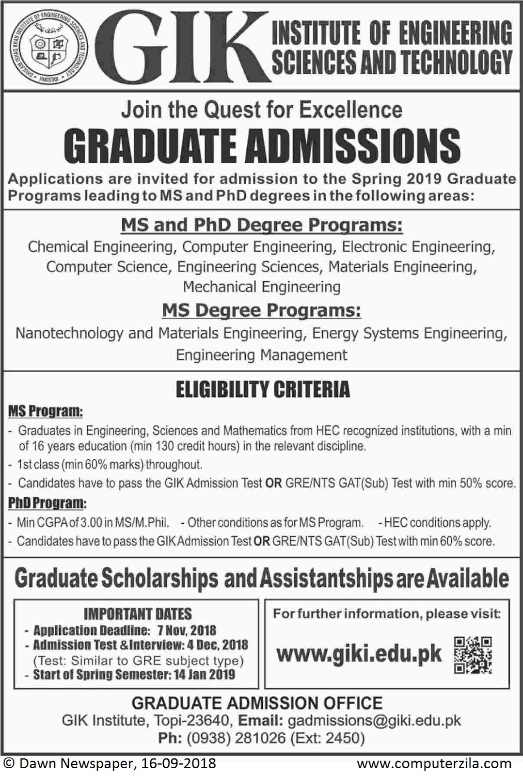 Admissions Open For Spring 2019 At GIKI Khybar Pakhtunkhwa Campus