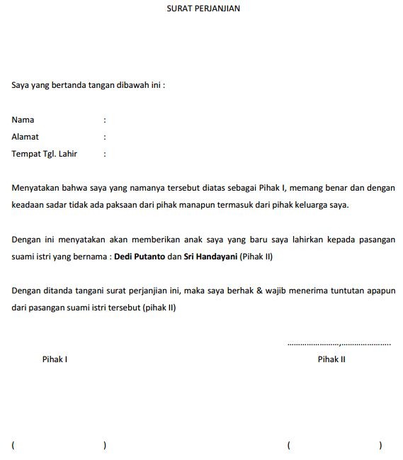 Contoh Surat Perjanjian Adopsi Serah Terima Anak Kandung Baru Lahir
