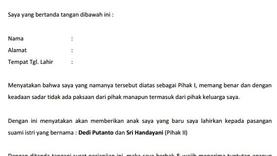 Contoh Surat Perjanjian Adopsi Serah Terima Anak Kandung