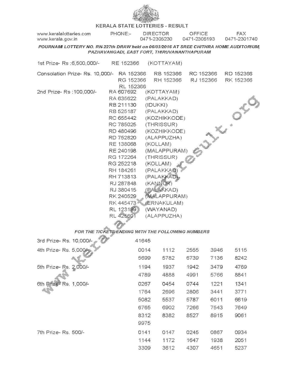 POURNAMI Lottery RN 227 Result 06-03-2016