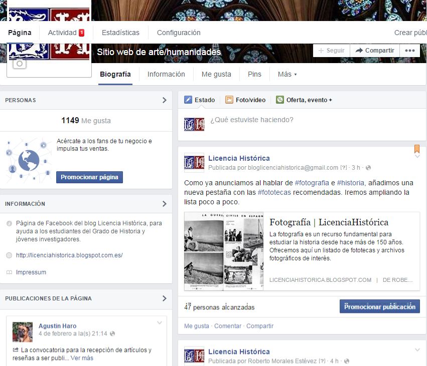 Grupos de Facebook para Historiadores.Captura de pantalla del Facebook de Licencia Histórica