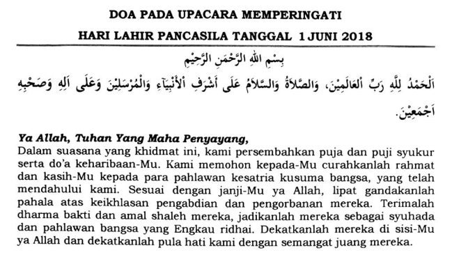 Doa Upacara Peringatan Hari Lahir Pancasila Tahun 2018