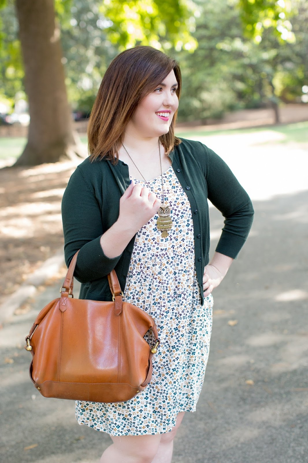 Rebecca Lately Old Navy Floral Dress Loft Cardigan Owl Necklace Madwell Kensington Forever 21 Heels
