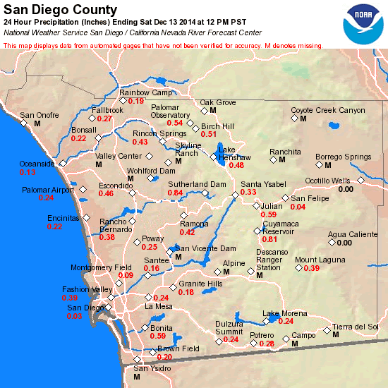 24 Hour San Diego Rain Totals 12-13-2014
