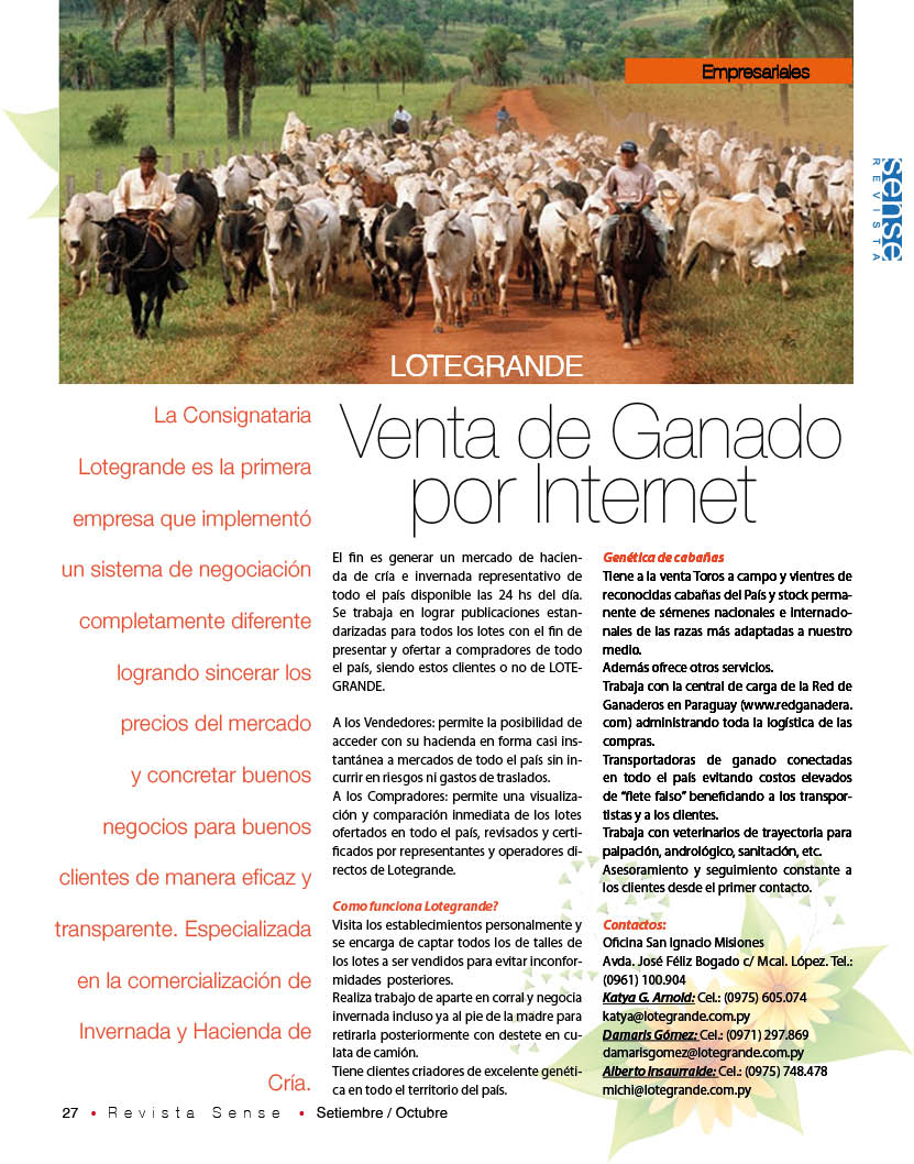 Revista Sense Lotegrande, Venta de Ganado por