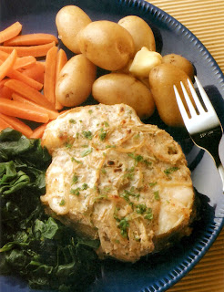 Aromatic cod: Cod steaks cooked in spiced yoghurt served with new potatoes, carrots and greens