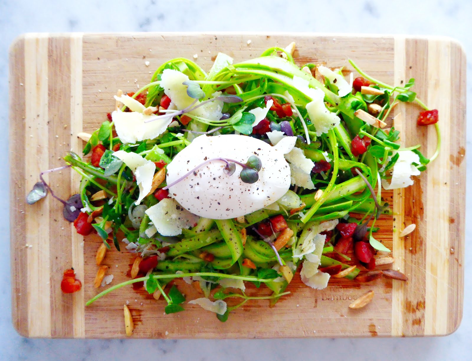 Three Little Figs Poached Egg and Asparagus Salad with Pancetta and