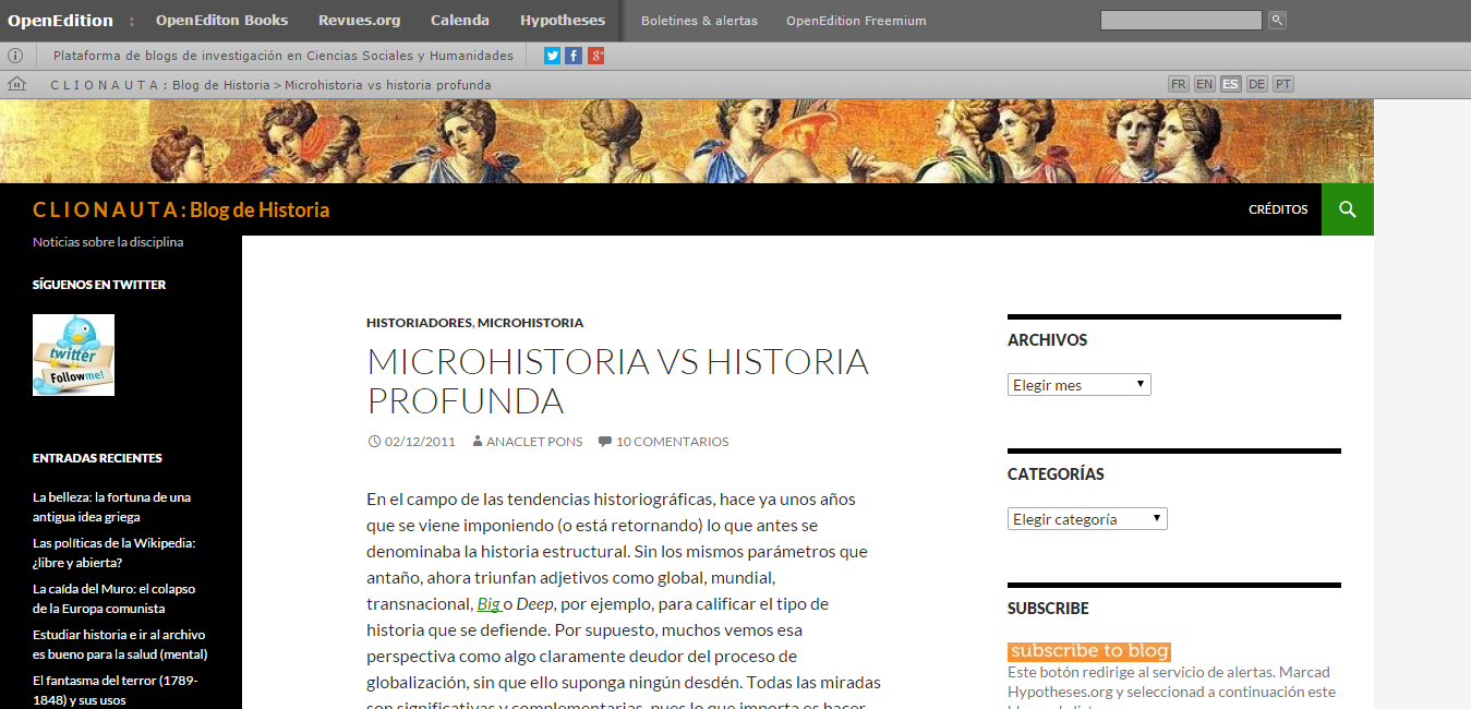 Nuevo listado de Blogs o  Blogroll de Licencia Histórica.Captura de pantalla del blog Clionauta