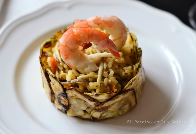 Timbal De Arroz  Verduras Y Langostinos
