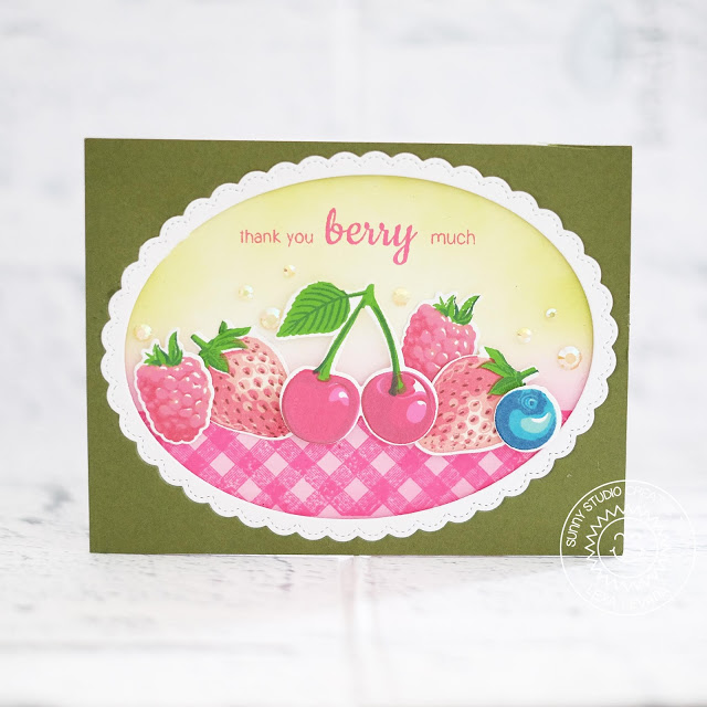 Sunny Studio Stamps: Berry Bliss Fancy Frames Background Basics Thank You Card by Lexa Levana