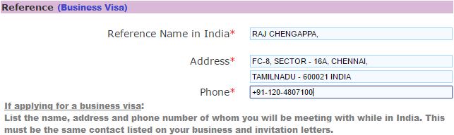 reference details for indian business visa