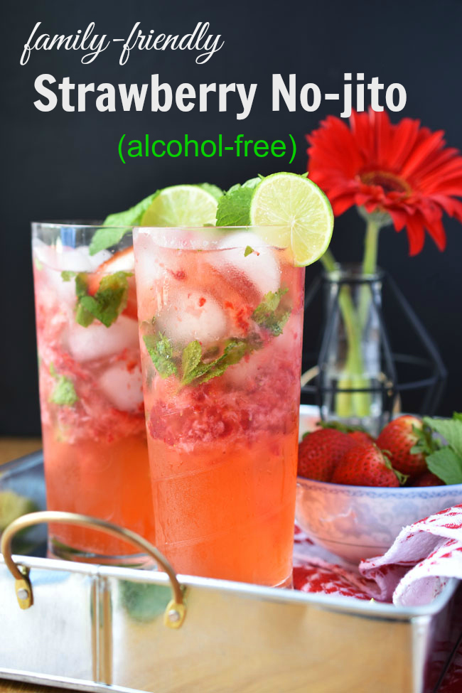 This family-friendly Strawberry No-jito is a great party drink for Canada Day or Fourth of July! Alcohol-free, vegan, full of natural ingredients & delish!