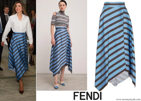 Queen Rania wore a striped satin wrap midi skirt by FENDI