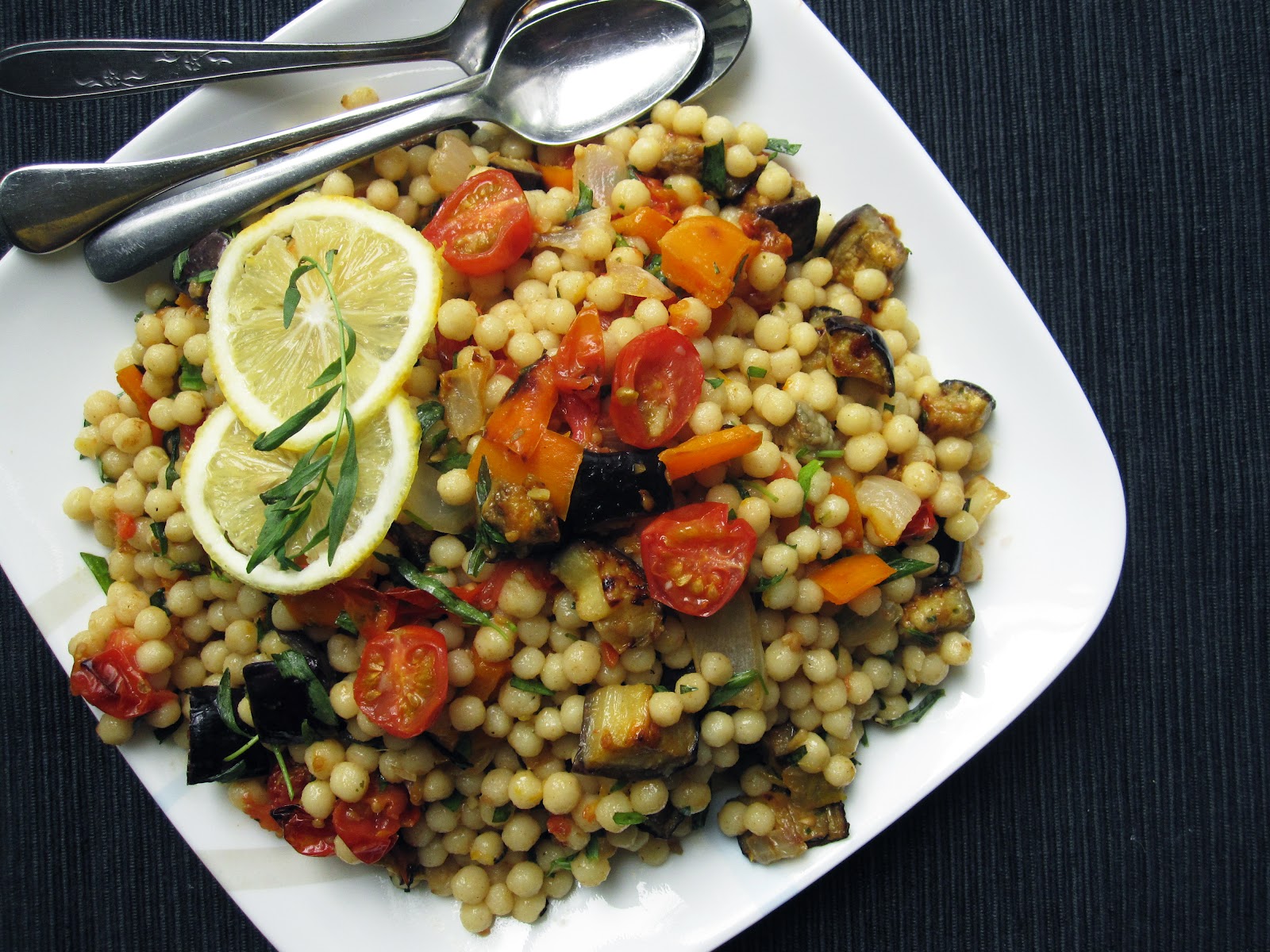 Edible biology Israeli couscous with roasted summer vegetables